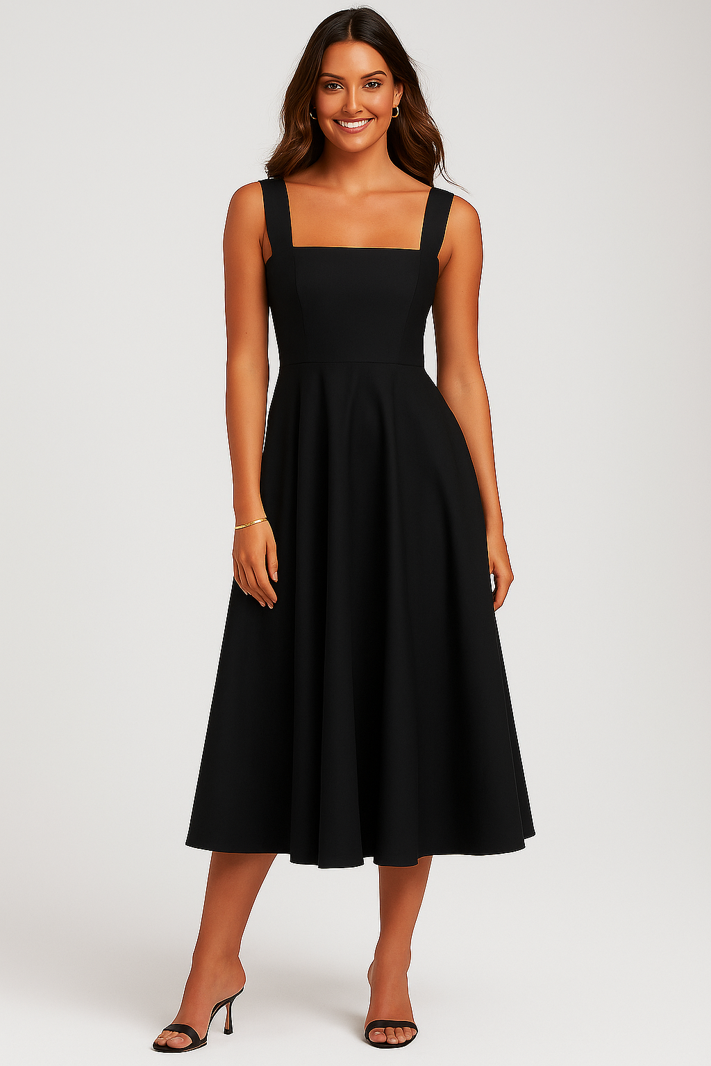 Schwarzes Midikleid mit breiten Trägern und geradem Ausschnitt