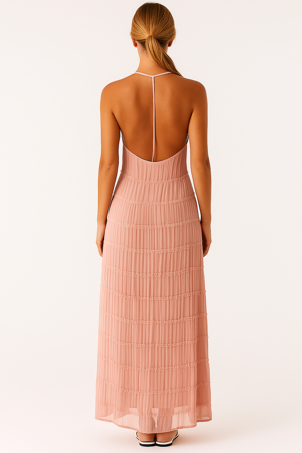 Roséfarbenes Maxikleid mit Rückenausschnitt und Plisseedetails