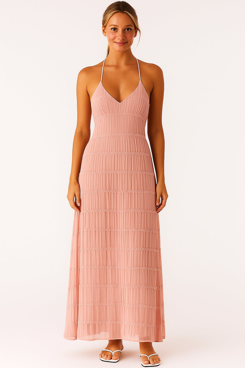 Roséfarbenes Maxikleid mit Rückenausschnitt und Plisseedetails