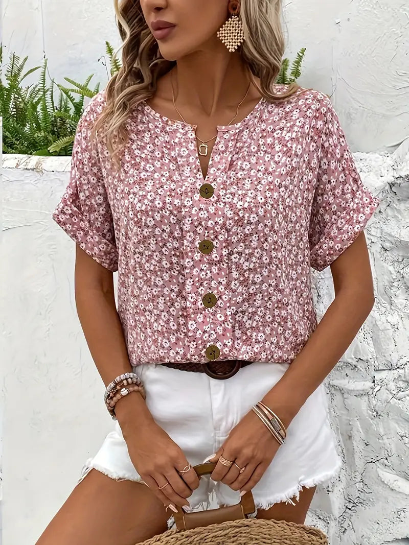 Damen-Top mit Knopfleiste und kurzen Ärmeln für Sommer