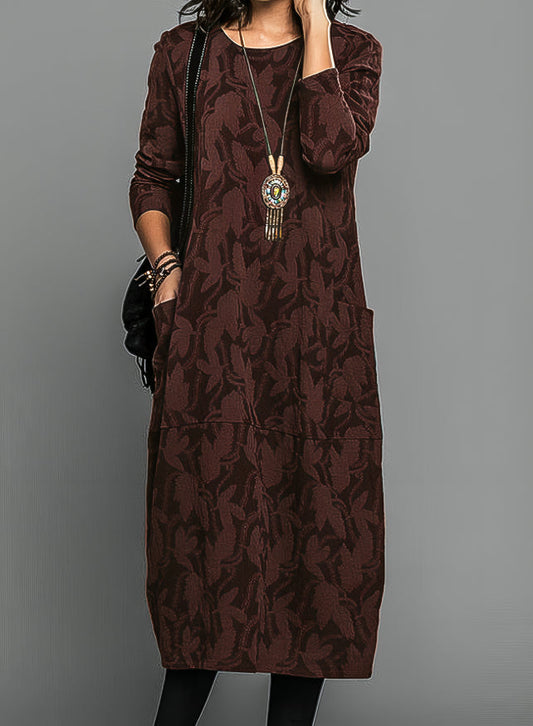 Damen Midikleid aus Jacquard mit Eingewebtem Blattmuster Rundhalsausschnitt Langarm mit Eingriffstaschen