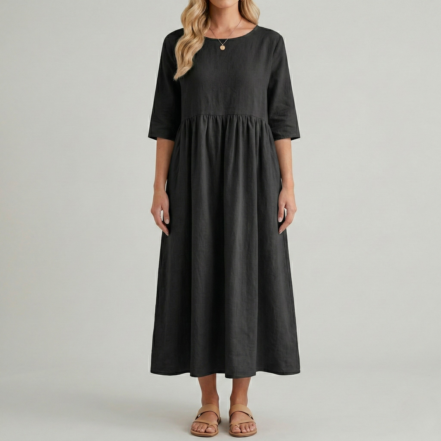 Women's Linen Midi Dress with Empire Cut Half Sleeves Round Neck and Side Pockets Calf-Length A-Line Cut