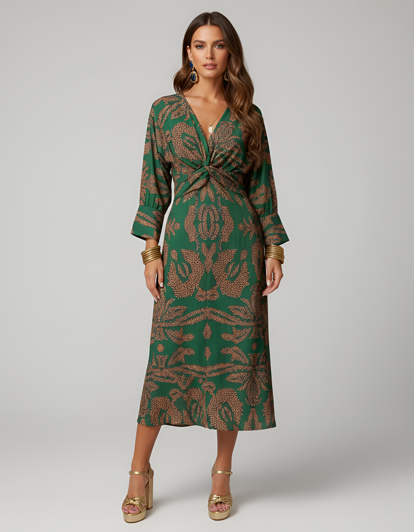 Damen-Midikleid mit V-Ausschnitt, langen Ärmeln und Knoten vorne