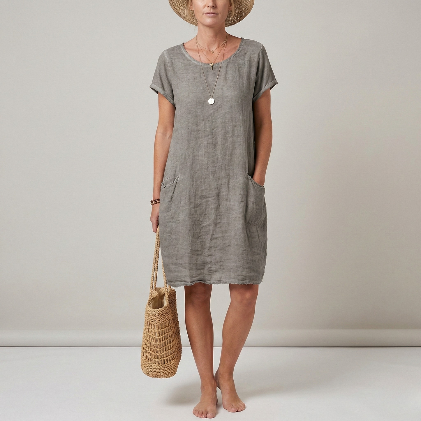 Damenkleid kurz aus Leinen mit kurzen Ärmeln und Taschen