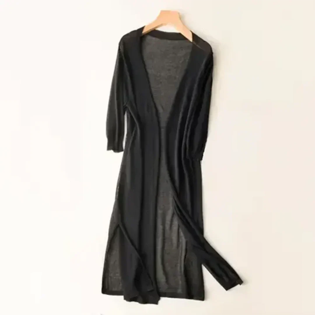 Damen Strickjacke lang mit leichtem Material und Langarm