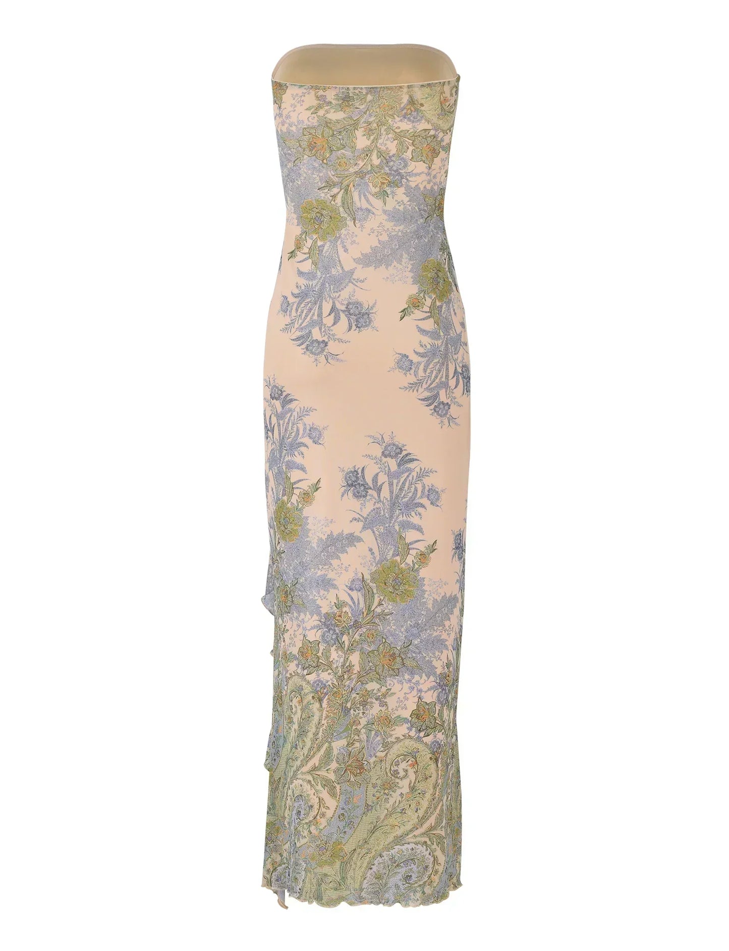 Damen-Maxikleid trägerlos mit Blumenmuster und seitlichem Schlitz