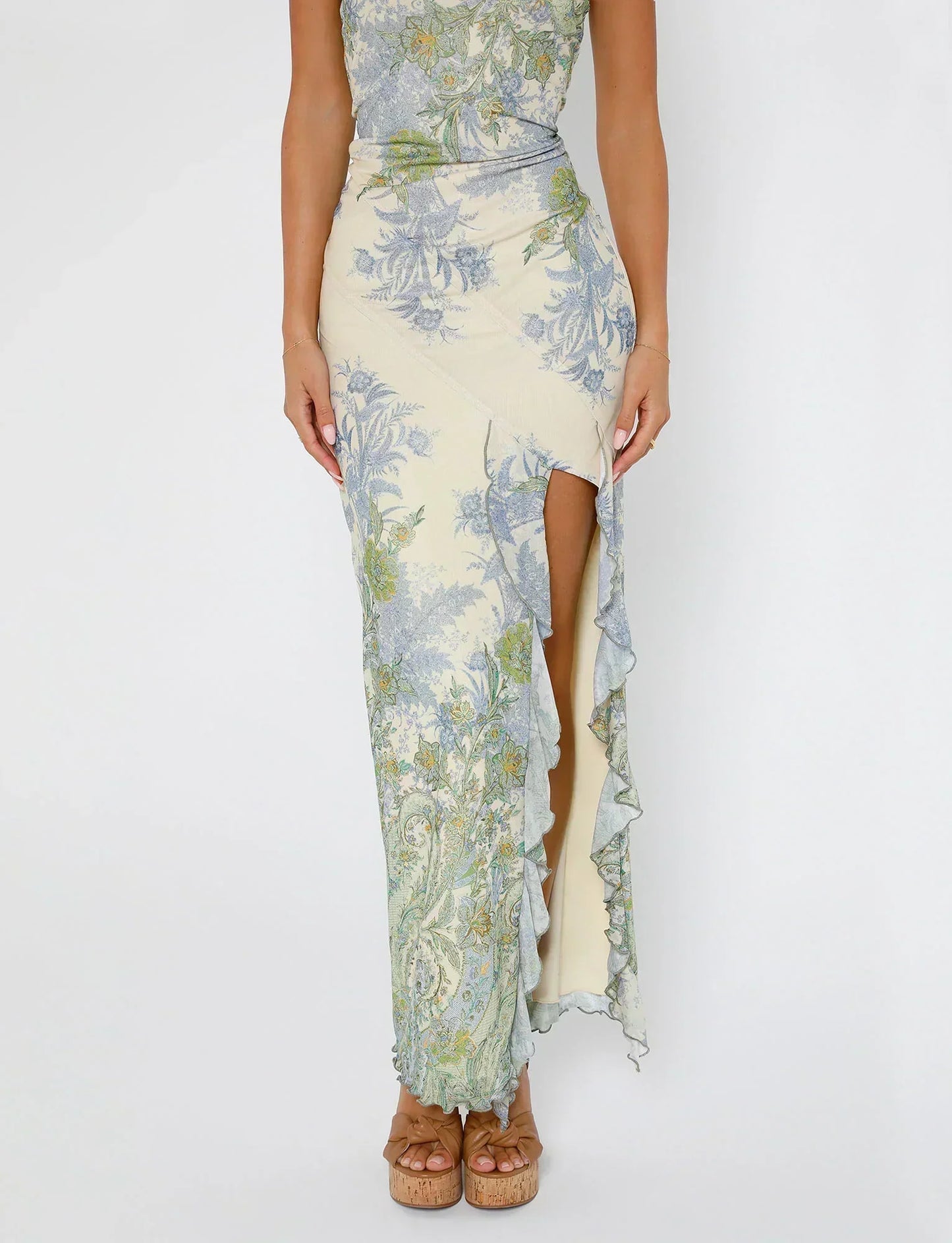 Damen-Maxikleid trägerlos mit Blumenmuster und seitlichem Schlitz