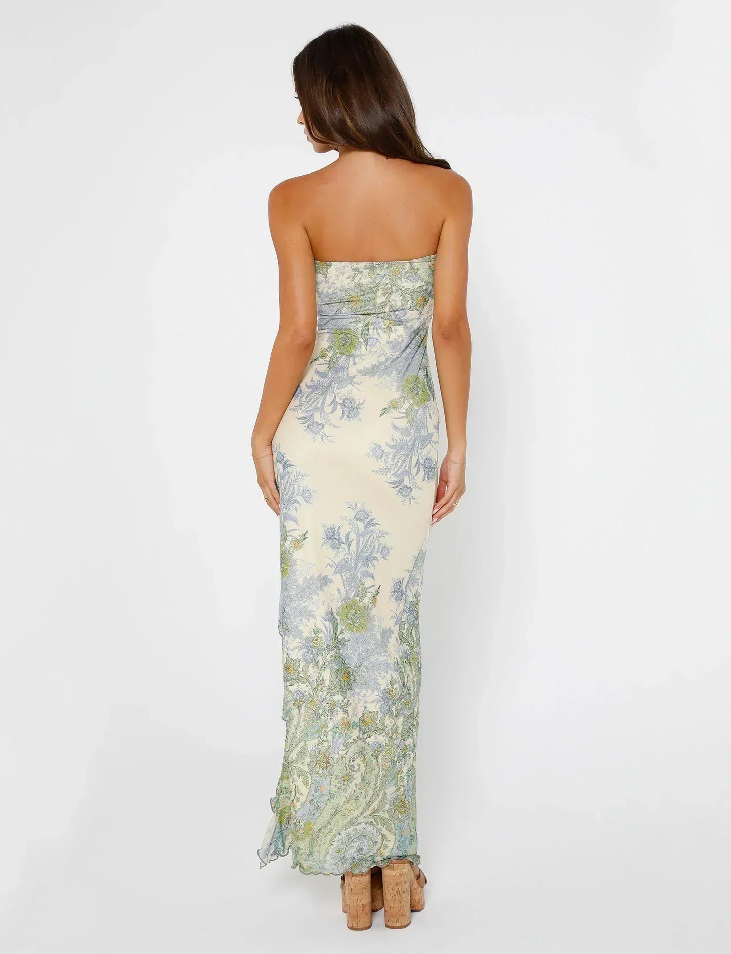 Damen-Maxikleid trägerlos mit Blumenmuster und seitlichem Schlitz
