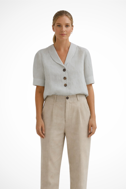 Damen Bluse Kurzarm mit Schalkragen und Knopfleiste aus Leinen Mischgewebe Locker Geschnitten