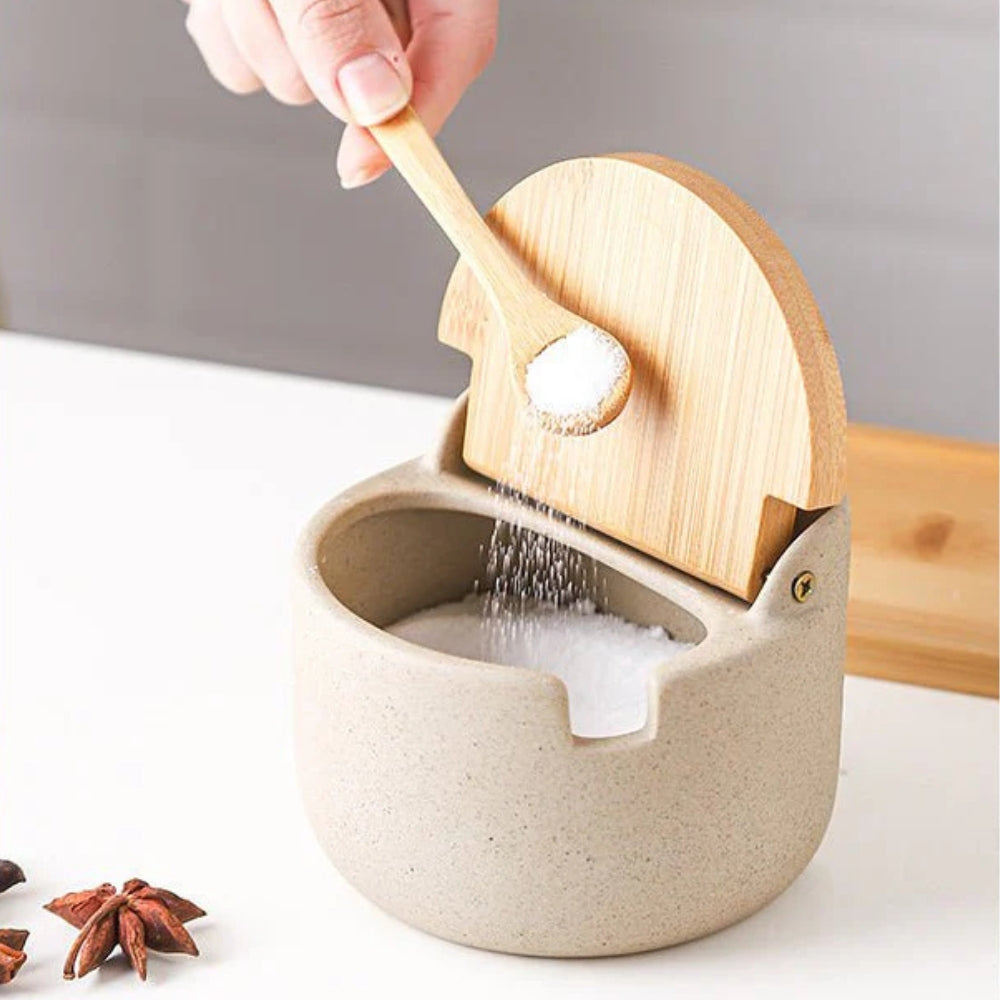 Natura Gewürzduo aus Keramik & Bambus – 2er Set mit Holztablett