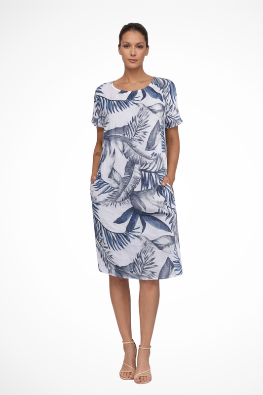 Damen Sommerkleid mit Botanischem Print Knielang Cap Sleeve Locker Geschnitten mit Seitentaschen