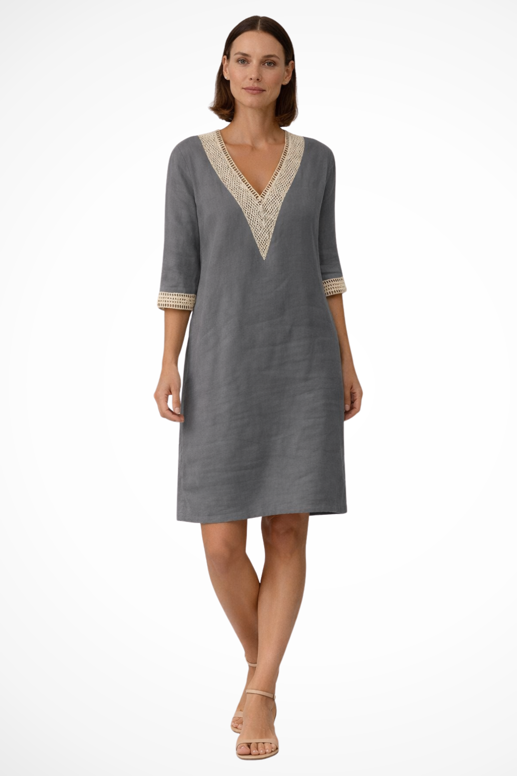 Damen Leinen Midikleid mit V Ausschnitt und Häkelspitze 3/4 Ärmel im Lockeren Tunika Schnitt
