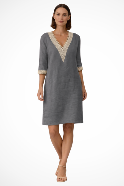 Damen Leinen Midikleid mit V Ausschnitt und Häkelspitze 3/4 Ärmel im Lockeren Tunika Schnitt