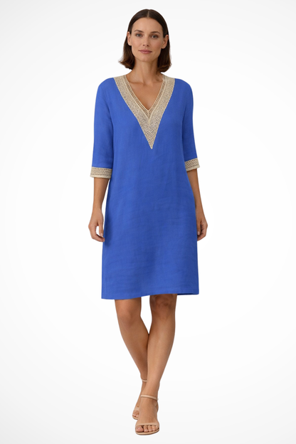 Damen Leinen Midikleid mit V Ausschnitt und Häkelspitze 3/4 Ärmel im Lockeren Tunika Schnitt