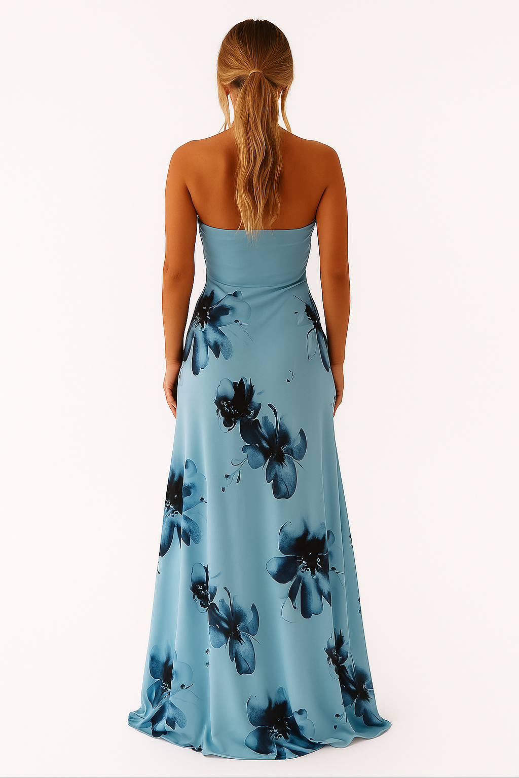 Blaues trägerloses Maxikleid mit Blumenmuster und weitem Rock