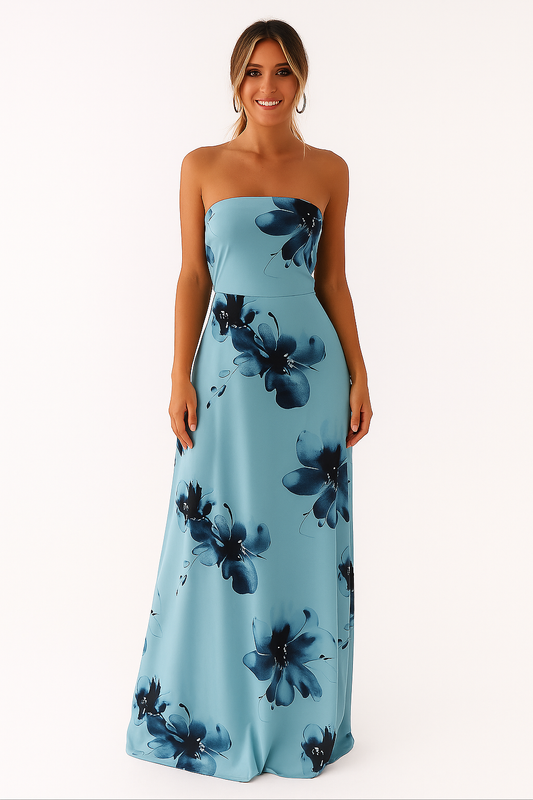 Blaues trägerloses Maxikleid mit Blumenmuster und weitem Rock