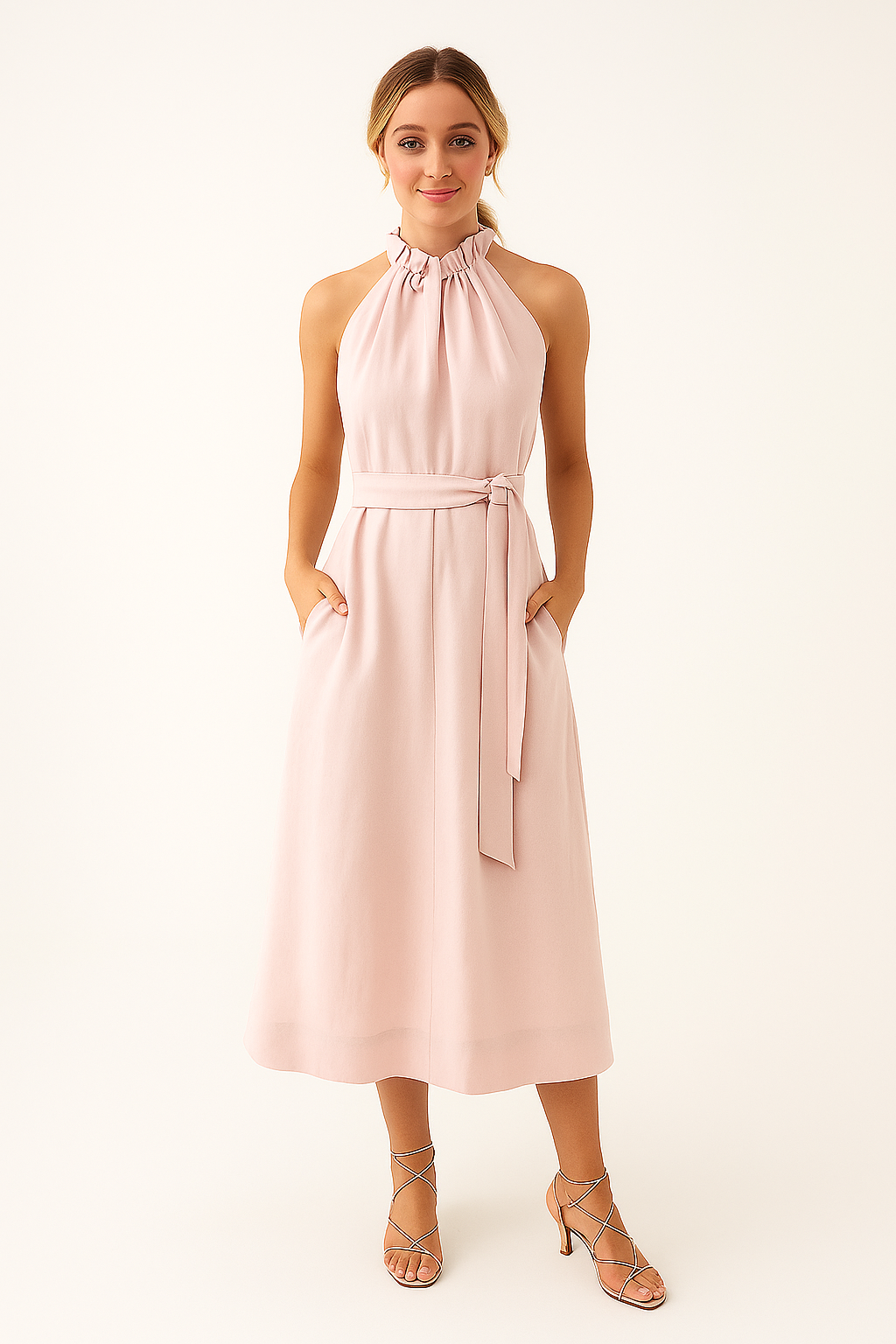 Rosa Midikleid mit Halterneck – schlichte Silhouette mit Bindedetail