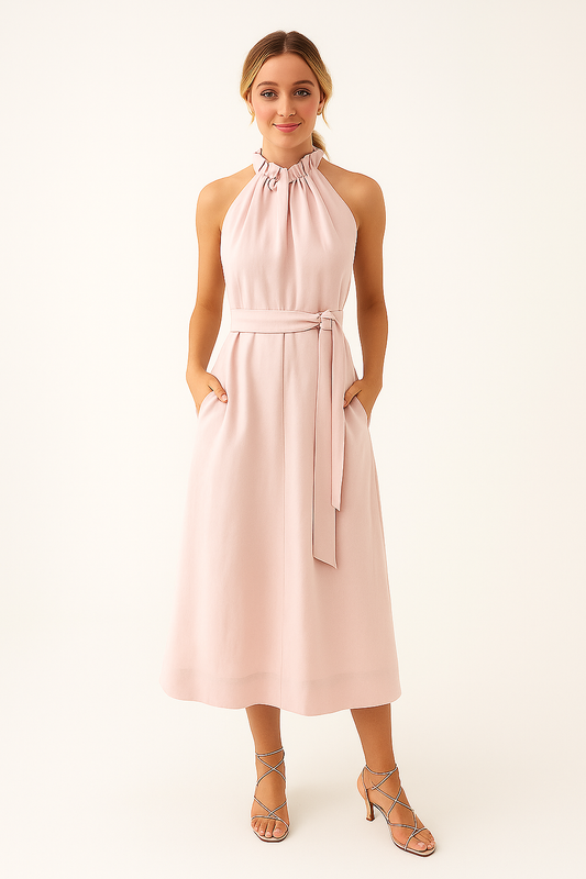 Rosa Midikleid mit Halterneck – schlichte Silhouette mit Bindedetail