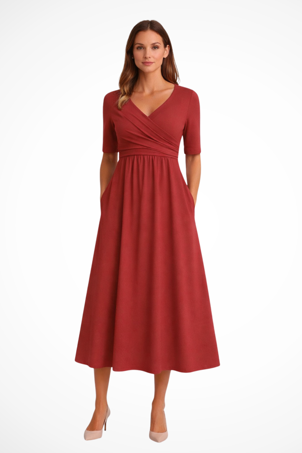 Damen-Midikleid mit Wickeloptik und kurzen Ärmeln