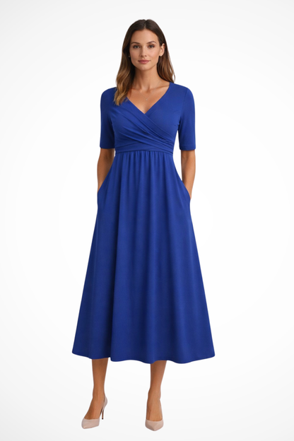 Damen-Midikleid mit Wickeloptik und kurzen Ärmeln