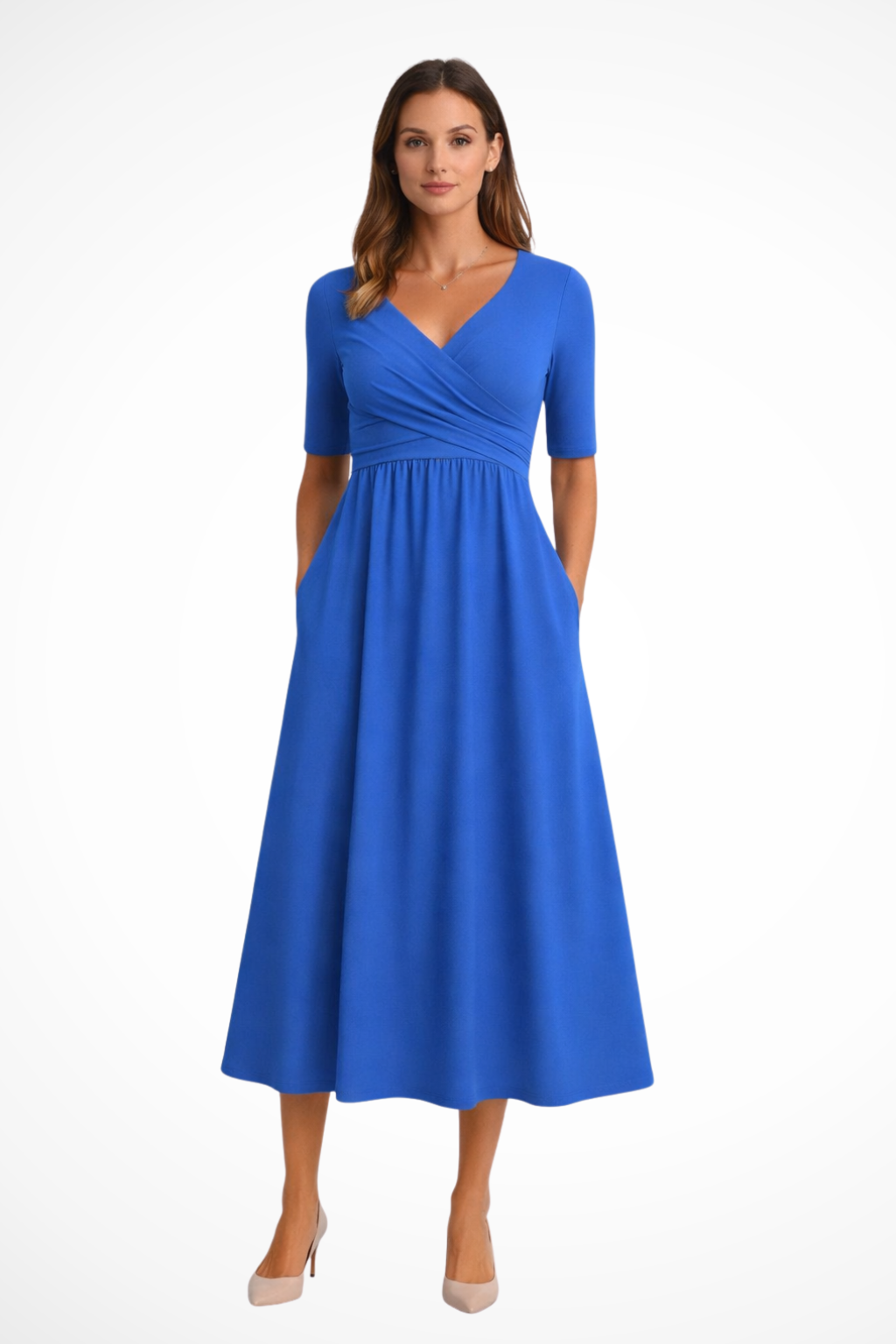 Damen-Midikleid mit Wickeloptik und kurzen Ärmeln