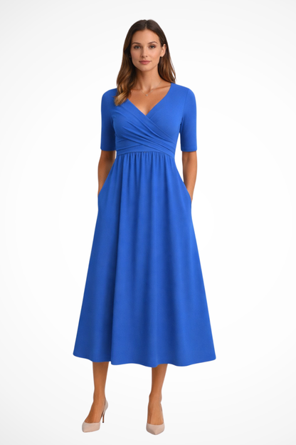 Damen-Midikleid mit Wickeloptik und kurzen Ärmeln