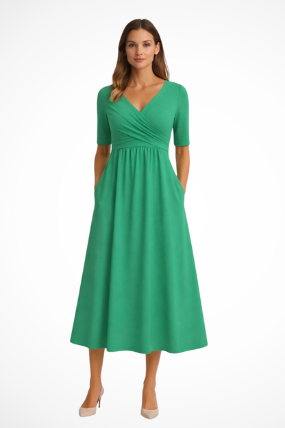 Damen-Midikleid mit Wickeloptik und kurzen Ärmeln