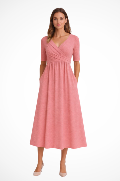 Damen-Midikleid mit Wickeloptik und kurzen Ärmeln