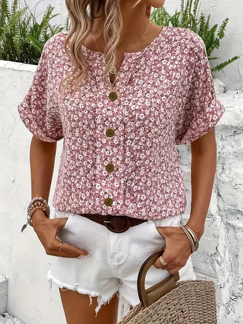Damen-Top mit Knopfleiste und kurzen Ärmeln für Sommer