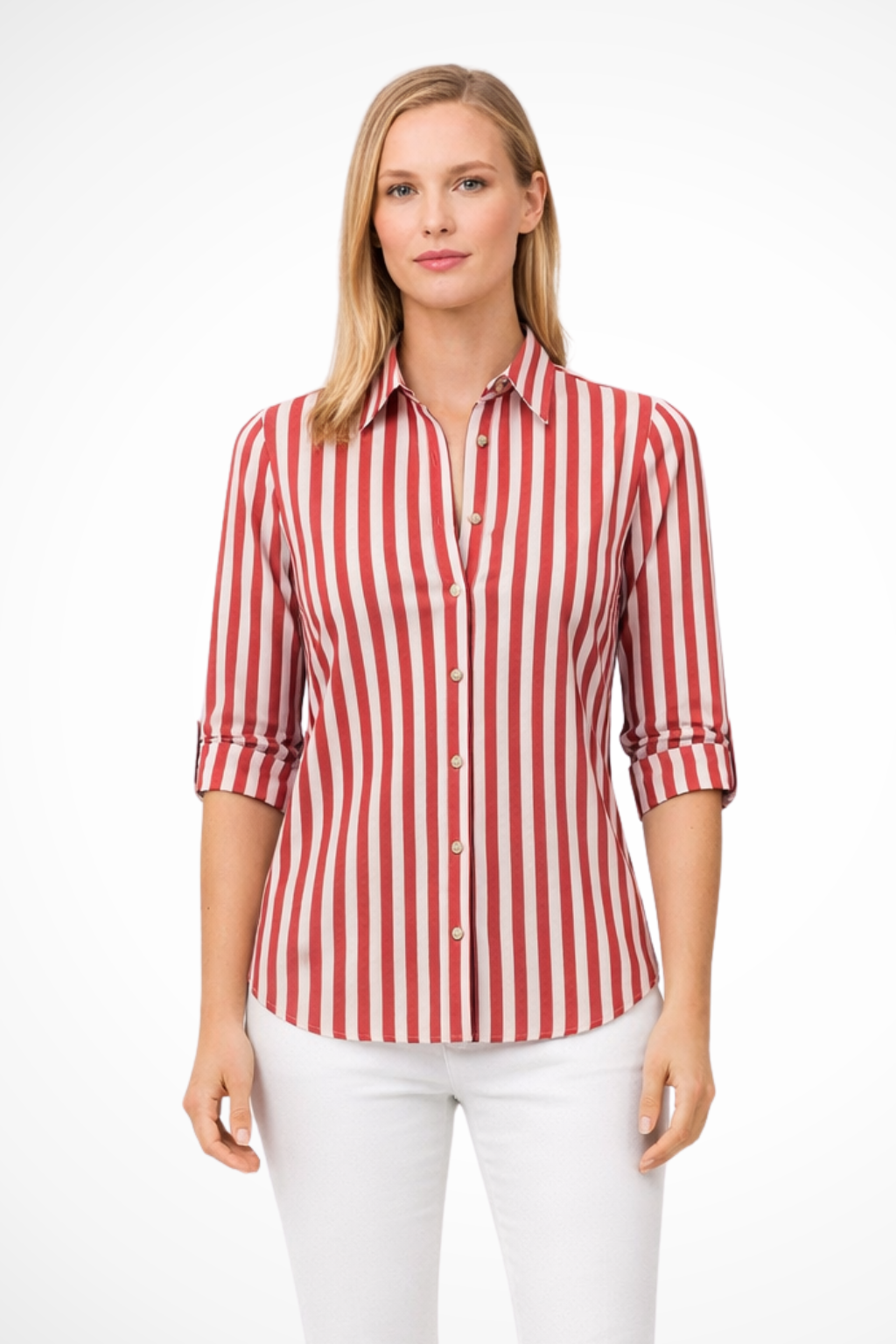 Damen Bluse Slim Fit mit Streifenmuster Spitzkragen und Krempelärmeln mit Riegel