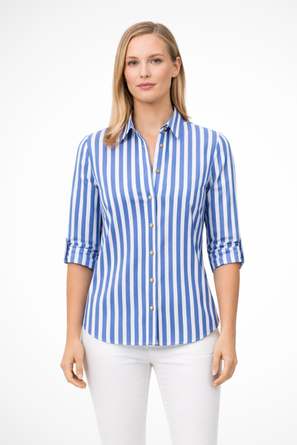 Damen Bluse Slim Fit mit Streifenmuster Spitzkragen und Krempelärmeln mit Riegel