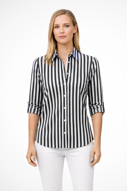 Damen Bluse Slim Fit mit Streifenmuster Spitzkragen und Krempelärmeln mit Riegel