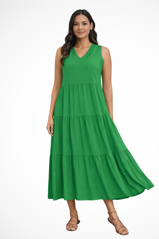 Women's Maxi Dress with Tiered Skirt and V-Neck