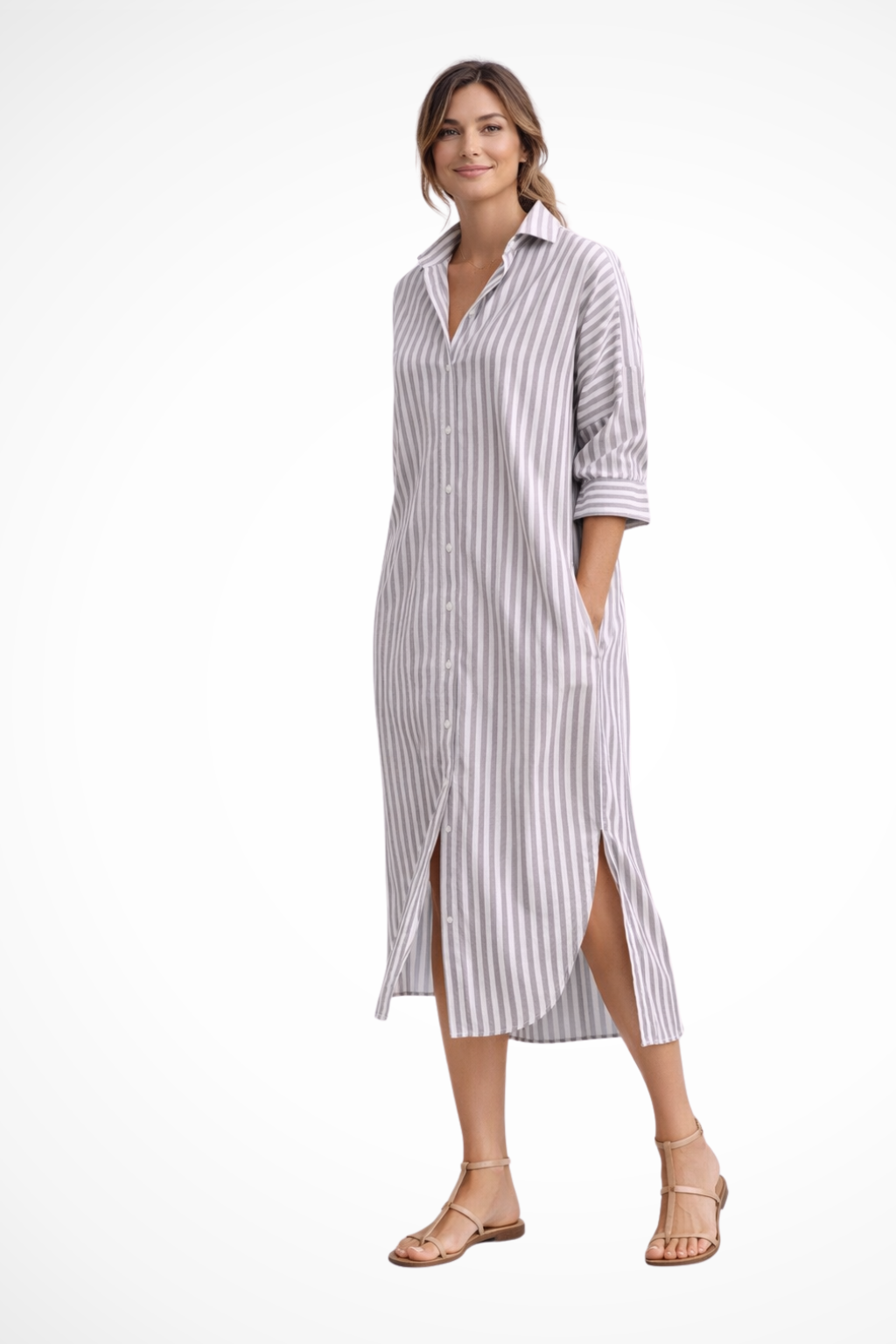 Damen-Midihemdkleid mit Streifenmuster