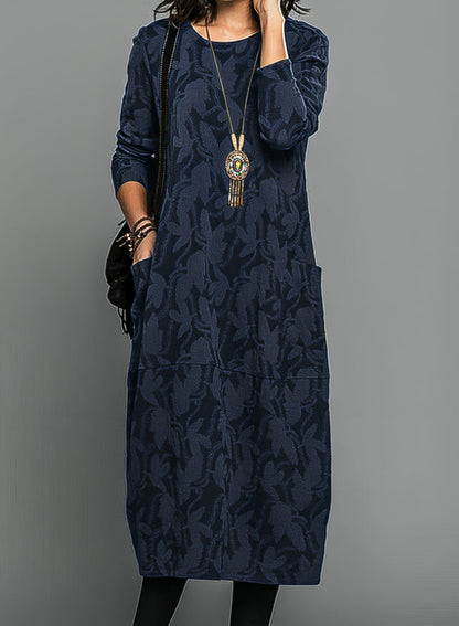 Midi tunic dress with round neck and side pockets