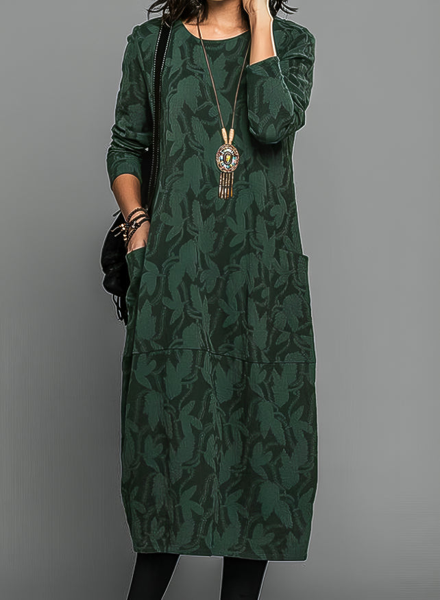 Midi tunic dress with round neck and side pockets
