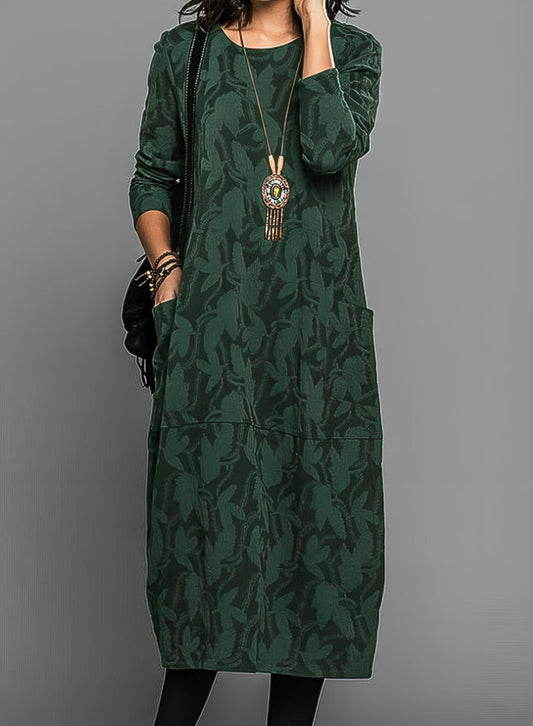Midi tunic dress with round neck and side pockets
