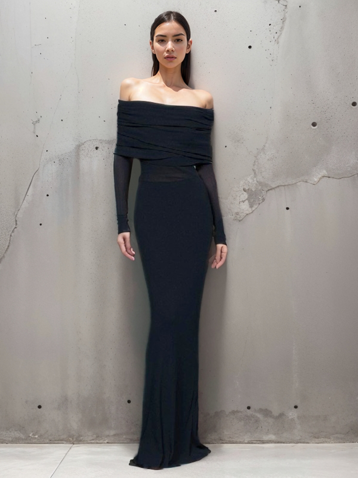 Damen-Abendkleid bodenlang mit Carmen-Ausschnitt, langen Ärmeln und gerafftem Brustteil