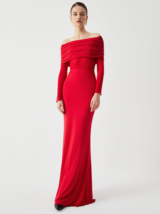 Damen-Abendkleid bodenlang mit Carmen-Ausschnitt, langen Ärmeln und gerafftem Brustteil