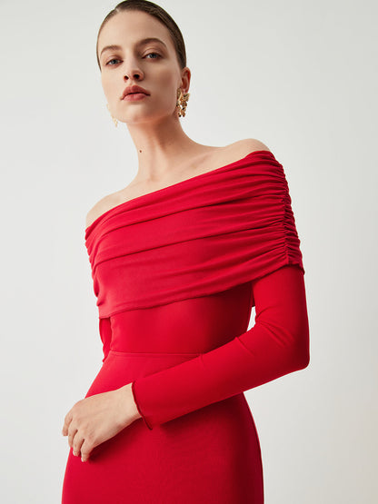 Damen-Abendkleid bodenlang mit Carmen-Ausschnitt, langen Ärmeln und gerafftem Brustteil