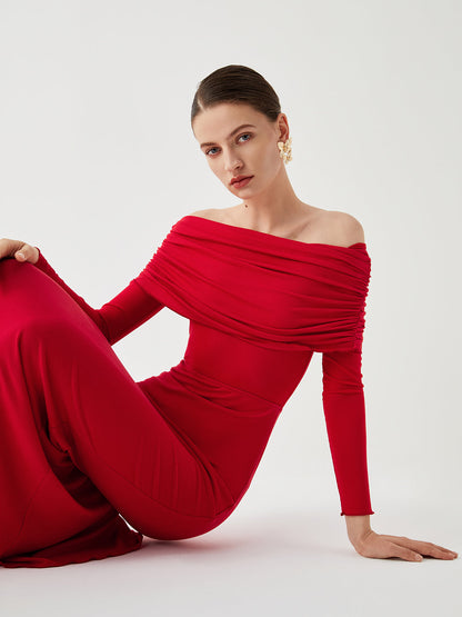Damen-Abendkleid bodenlang mit Carmen-Ausschnitt, langen Ärmeln und gerafftem Brustteil