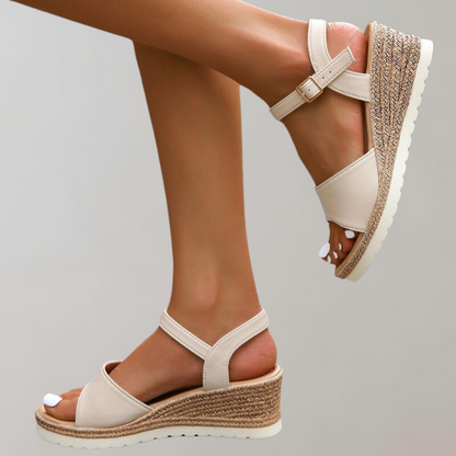 Women's Wedge Sandals with Espadrille Wedge Heel Ankle Strap and Bandeau Leather Upper Platform