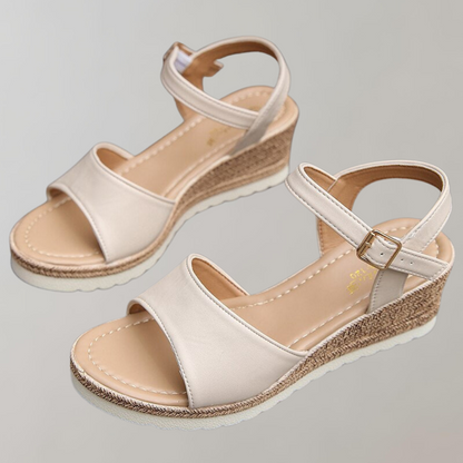 Women's Wedge Sandals with Espadrille Wedge Heel Ankle Strap and Bandeau Leather Upper Platform