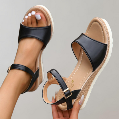 Women's Wedge Sandals with Espadrille Wedge Heel Ankle Strap and Bandeau Leather Upper Platform