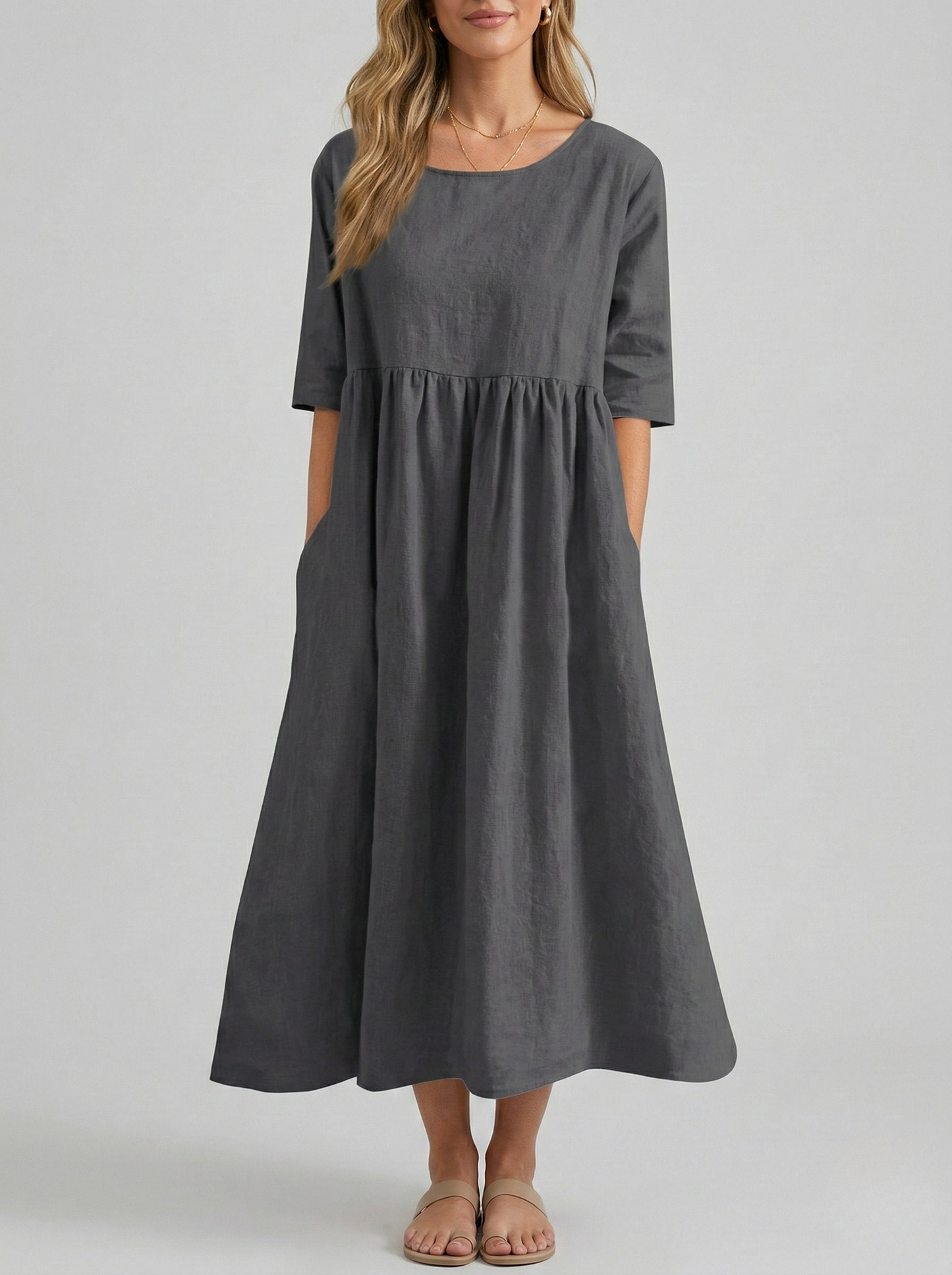 Women's Linen Midi Dress with Empire Cut Half Sleeves Round Neck and Side Pockets Calf-Length A-Line Cut