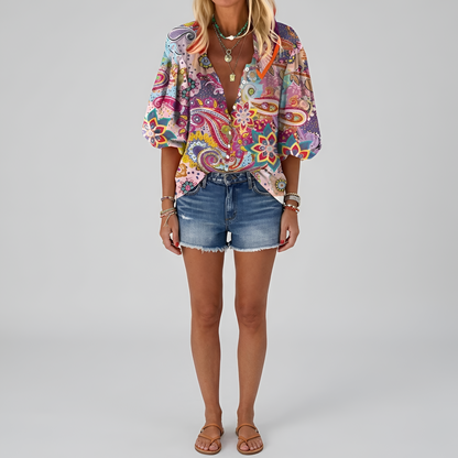 Damenbluse mit Blumenmuster, langen Ärmeln und Knopfleiste