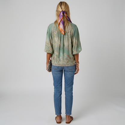 Damenbluse mit Blumenmuster, langen Ärmeln und Knopfleiste