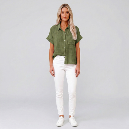 Damenbluse aus Leinen mit kurzen Ärmeln und Knopfleiste