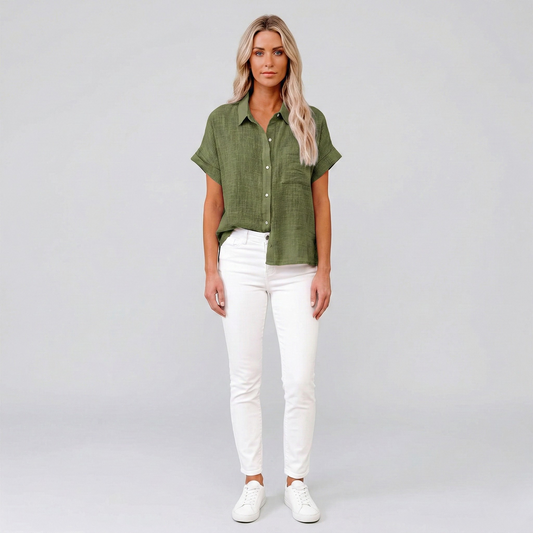 Damenbluse aus Leinen mit kurzen Ärmeln und Knopfleiste