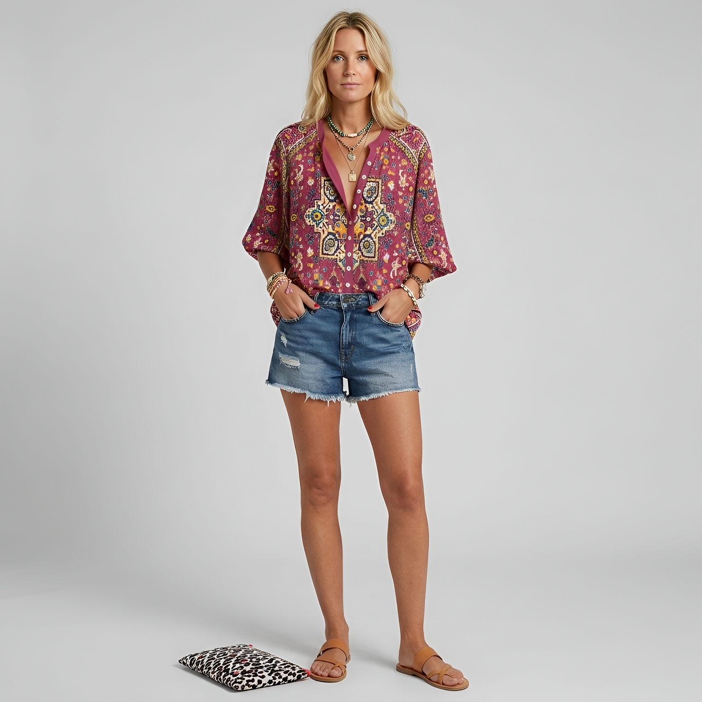 Damenbluse mit Blumenmuster, langen Ärmeln und Knopfleiste